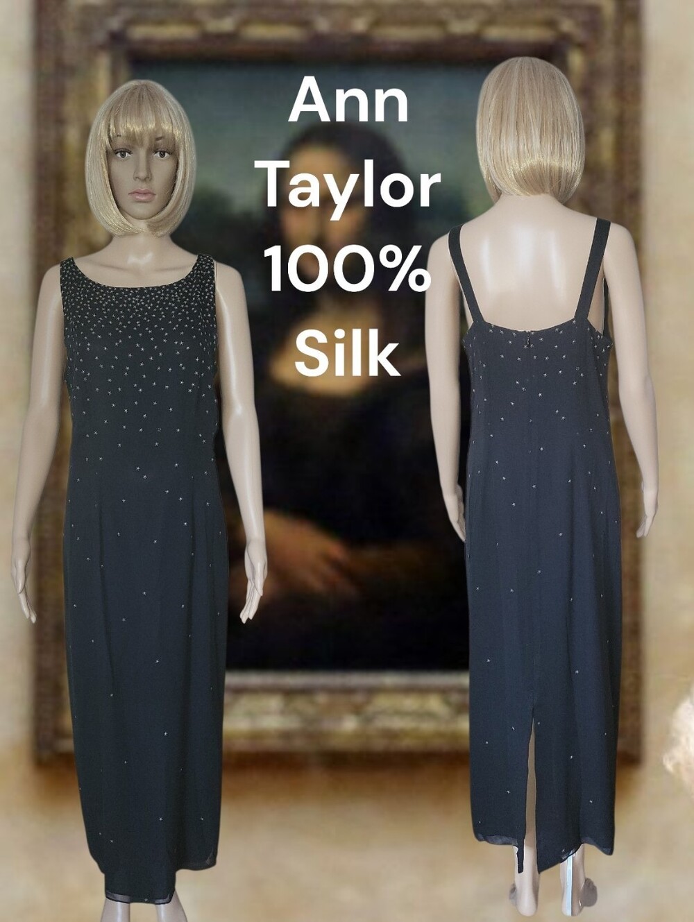 Ann Taylor 100% Silk Maxi Dress, Black, 10, EUC